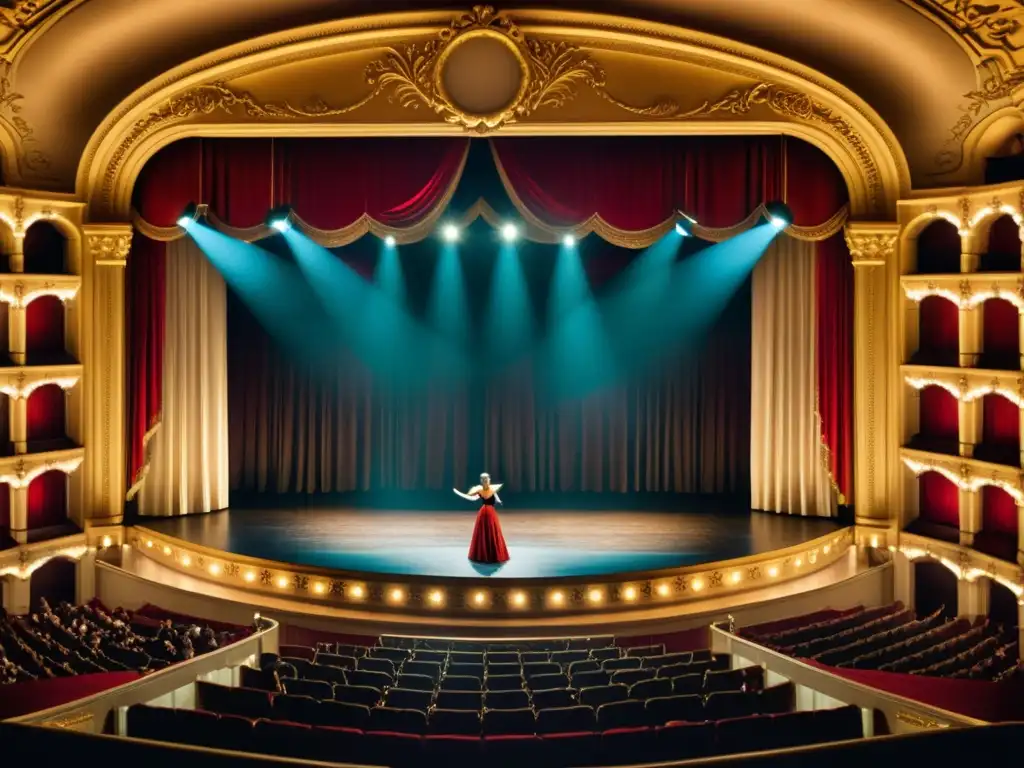 La imagen muestra una actuación emocionante en un teatro de ópera vintage, evocando la opulencia y las innovaciones tecnológicas en la ópera