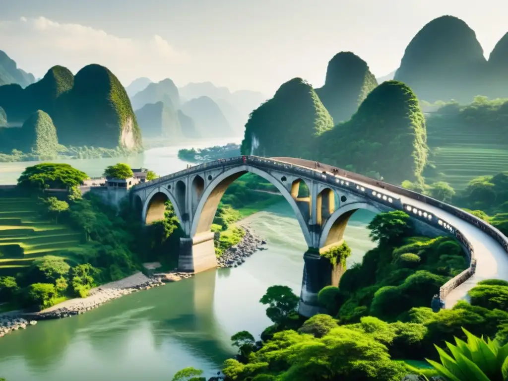 Puente arqueado: esplendor atemporal en Asia Imagen de un antiguo puente en Asia con arcos imponentes, rodeado de naturaleza exuberante y montañas, evocando grandiosidad y belleza atemporal