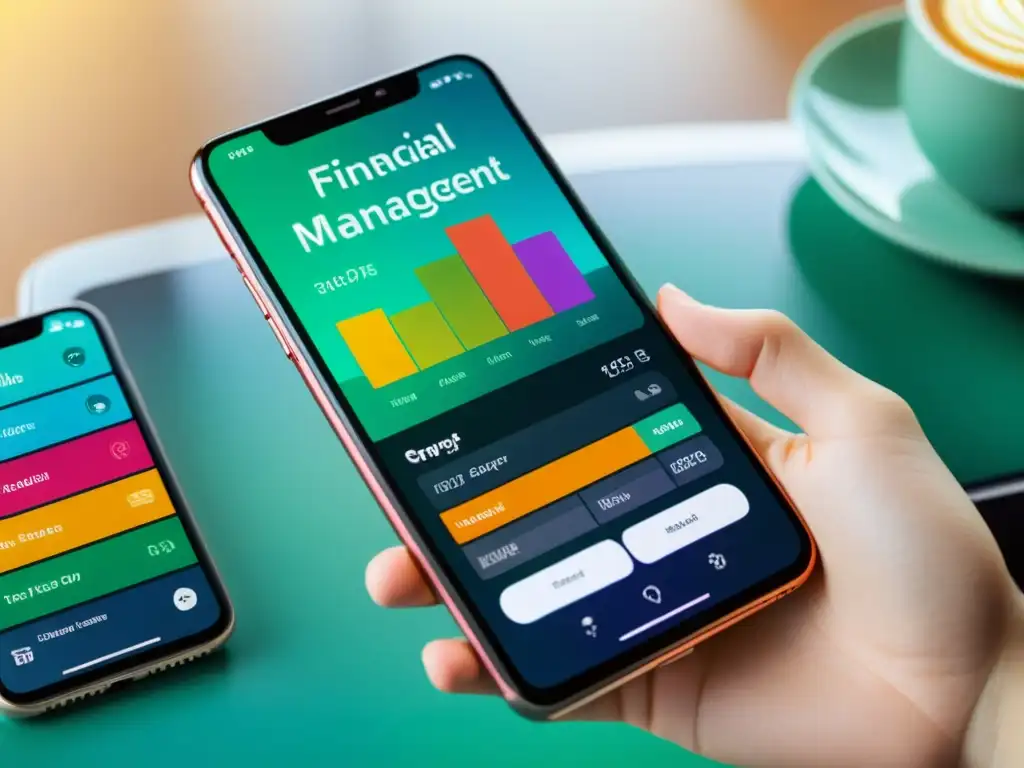 Imagen 8k de apps para gestionar finanzas personales con interfaces dinámicas y colores vibrantes, transmitiendo modernidad y eficiencia