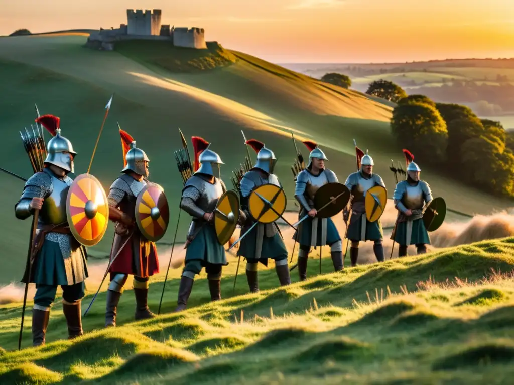 Imagen de arqueros ingleses en un campo, con el sol poniéndose detrás