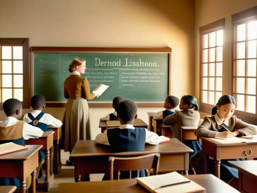 Imagen de aula vintage del siglo XIX con profesor y estudiantes inmersos en lección de historia