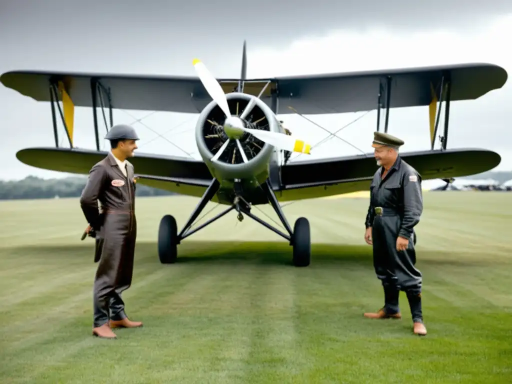 Imagen sepia de avión biplano y mecánicos trabajando en motor radial