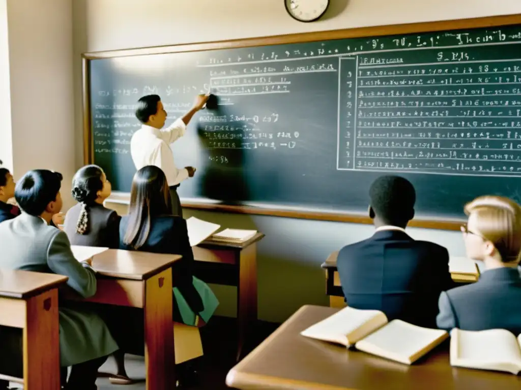 Imagen en blanco y negro de un aula llena de estudiantes, con el profesor señalando una pizarra llena de ecuaciones