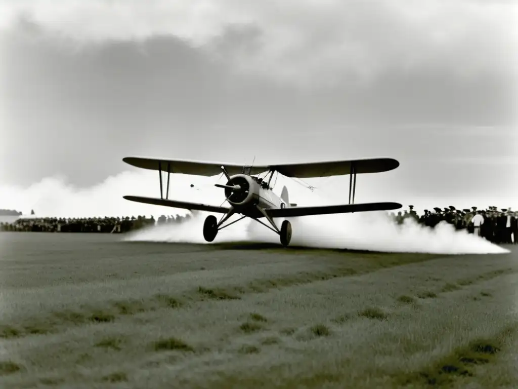 Imagen en blanco y negro de un biplano de los hermanos Wright despegando de un campo