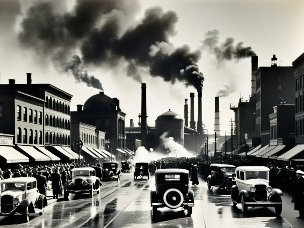 Imagen en blanco y negro de una bulliciosa calle de la ciudad del siglo XX con edificios ornamentados, coches antiguos y una refinería de petróleo al fondo, capturando el impacto económico del petróleo en el siglo XX