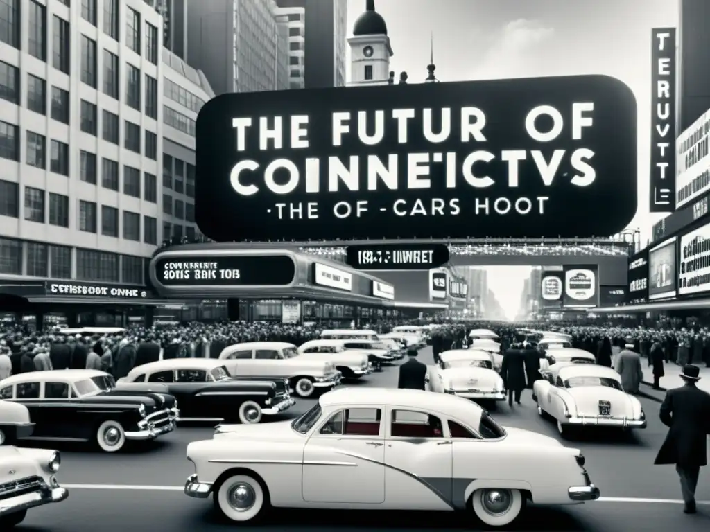 Una imagen en blanco y negro de una bulliciosa calle de la ciudad de los años 50 con autos antiguos y gente vestida a la moda de la época