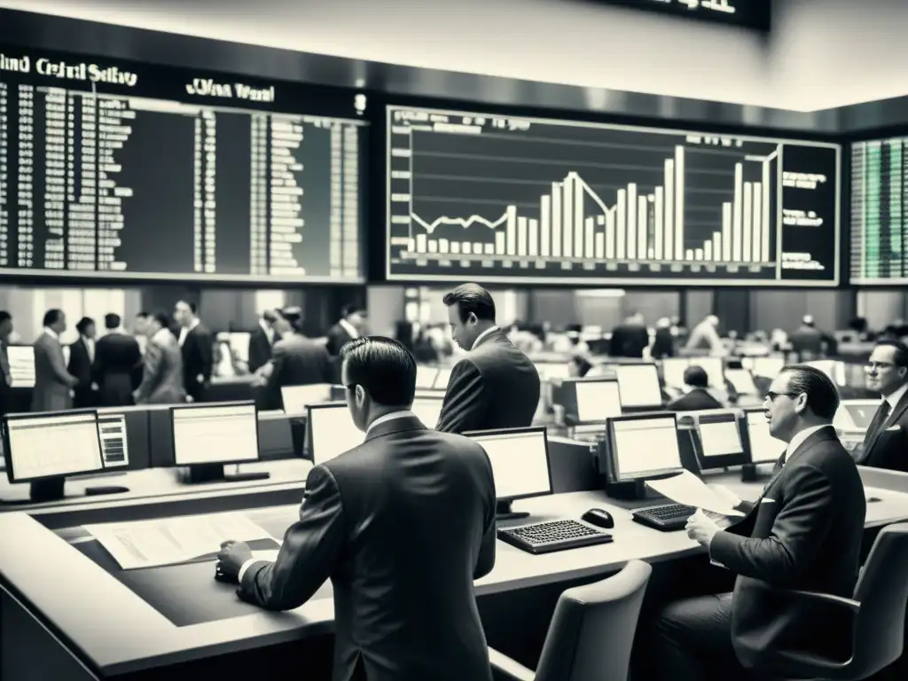 Imagen en blanco y negro de una bulliciosa sala de operaciones financiera, con traders haciendo tratos y analizando datos en hojas de cálculo