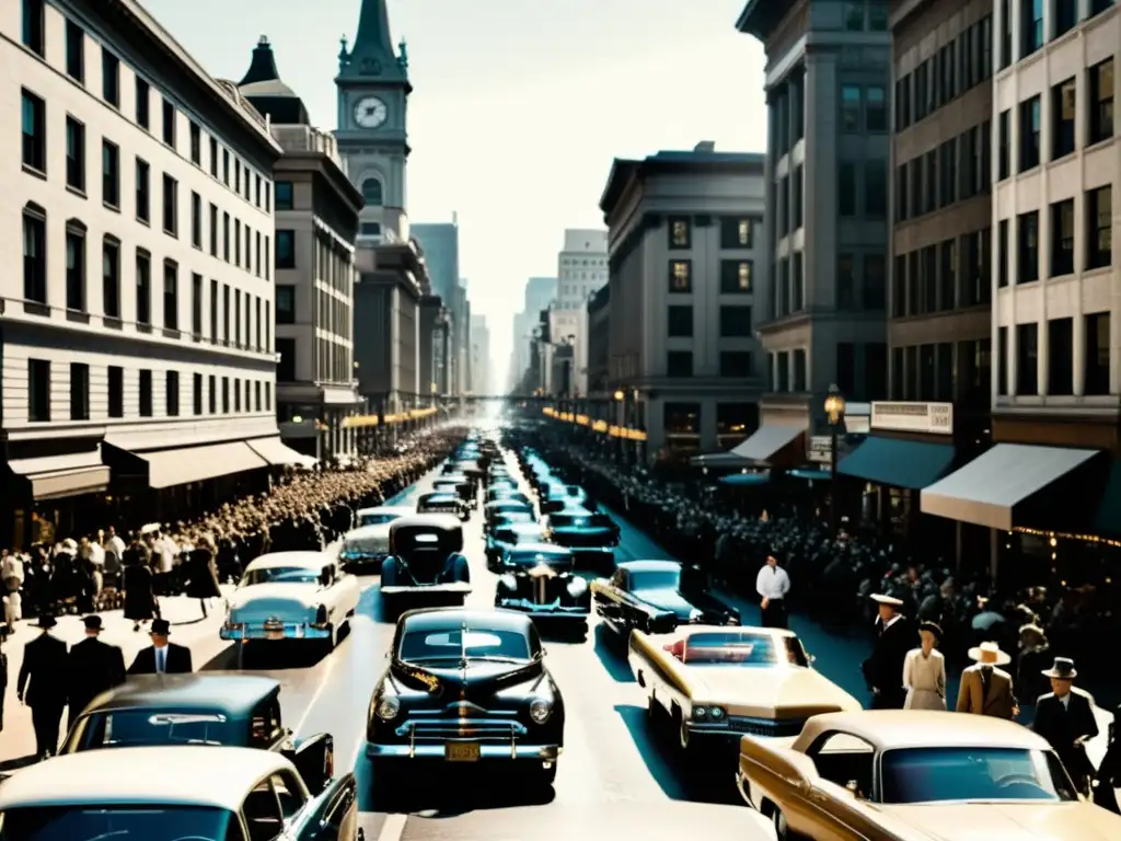 Imagen en blanco y negro de una bulliciosa calle de la ciudad con vehículos clásicos y gente vestida vintage, evocando la revolución del transporte