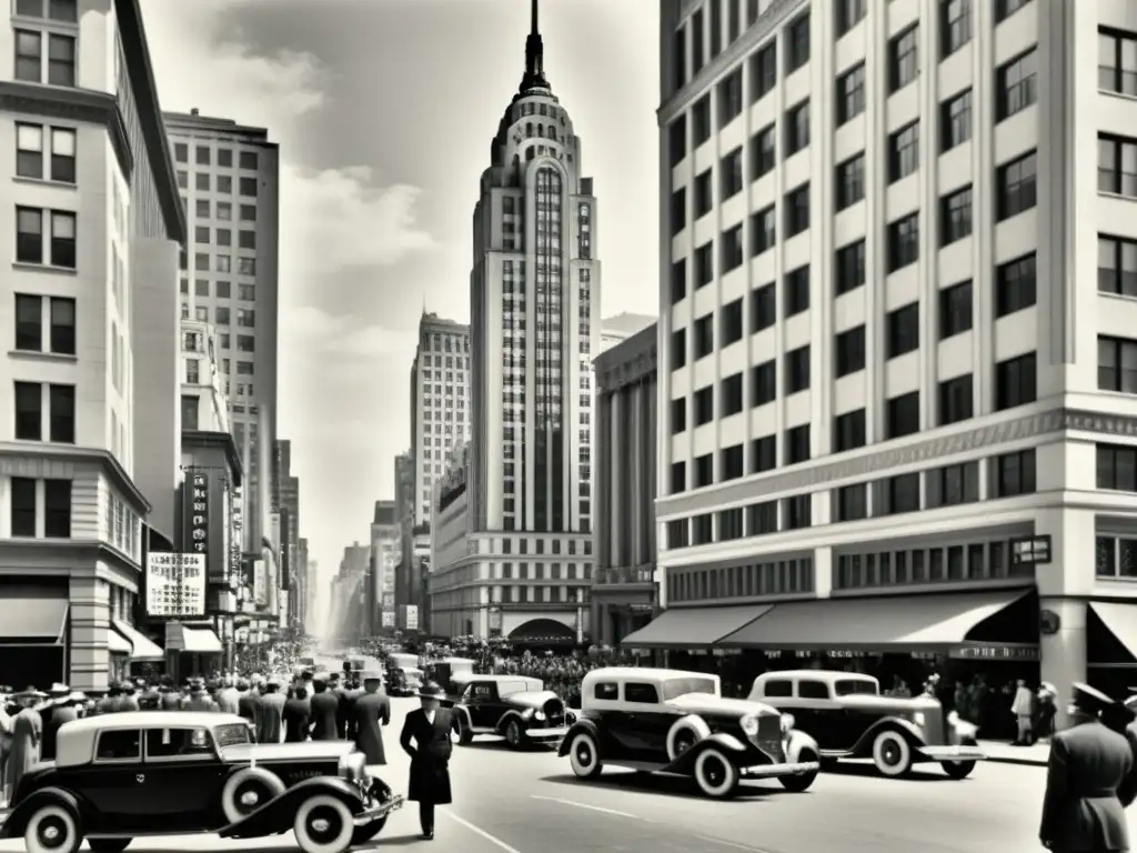 Imagen en blanco y negro de una bulliciosa calle urbana con un imponente edificio Art Deco, demostrando el impacto del ascensor en arquitectura