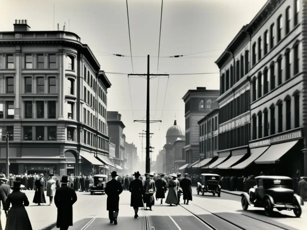 Imagen en blanco y negro de una bulliciosa calle de la ciudad del siglo XX, con gente en atuendos vintage, edificios imponentes y postes de telégrafo