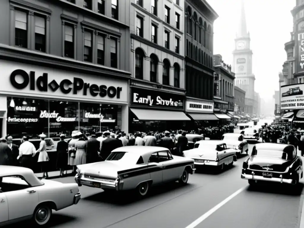 Imagen en blanco y negro de una bulliciosa calle de la ciudad, con gente y autos clásicos