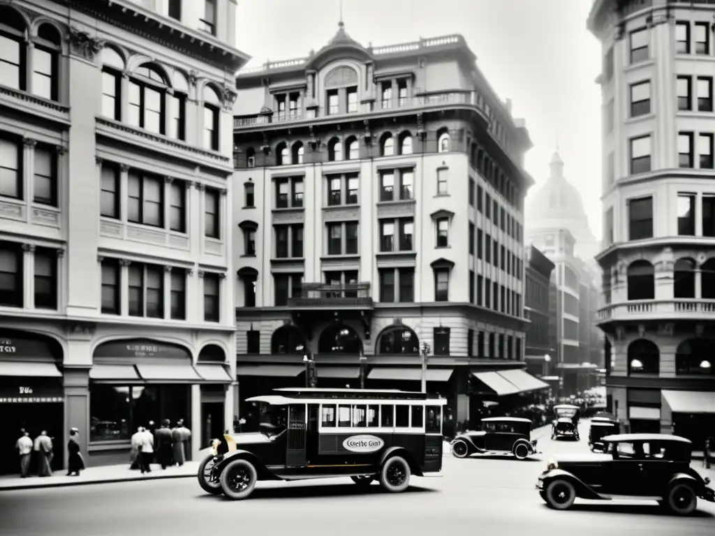 Imagen en blanco y negro de una bulliciosa esquina de la ciudad con un histórico edificio y un ascensor clásico descendiendo