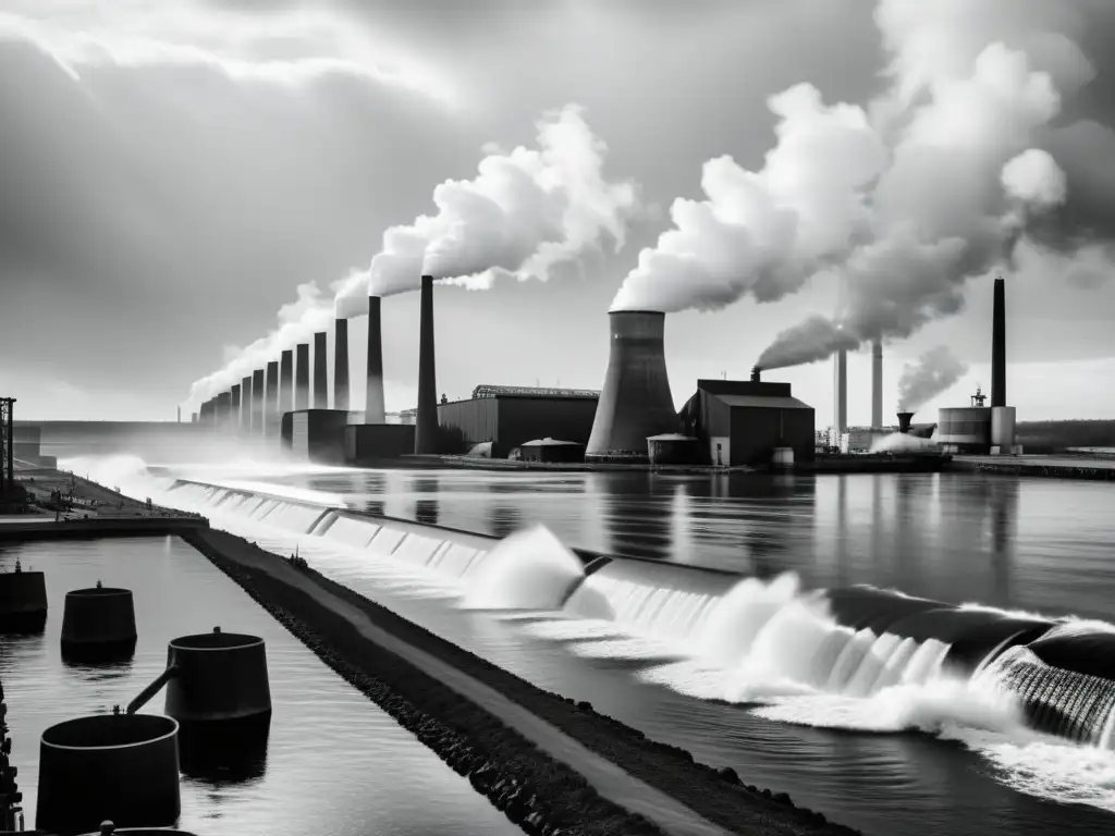 Imagen en blanco y negro de un bullicioso puerto industrial con fábricas a la orilla y grandes turbinas hidrocinéticas, capturando la historia de la energía hidrocinética en la revolución industrial