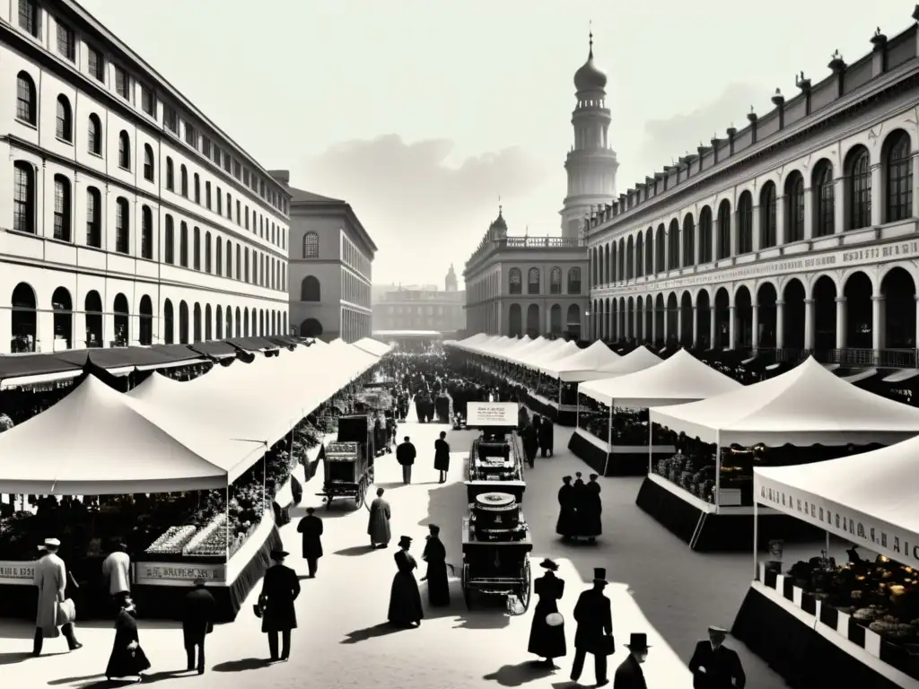 Imagen en blanco y negro de un bullicioso mercado del siglo XIX, con vendedores mostrando innovadores productos tecnológicos