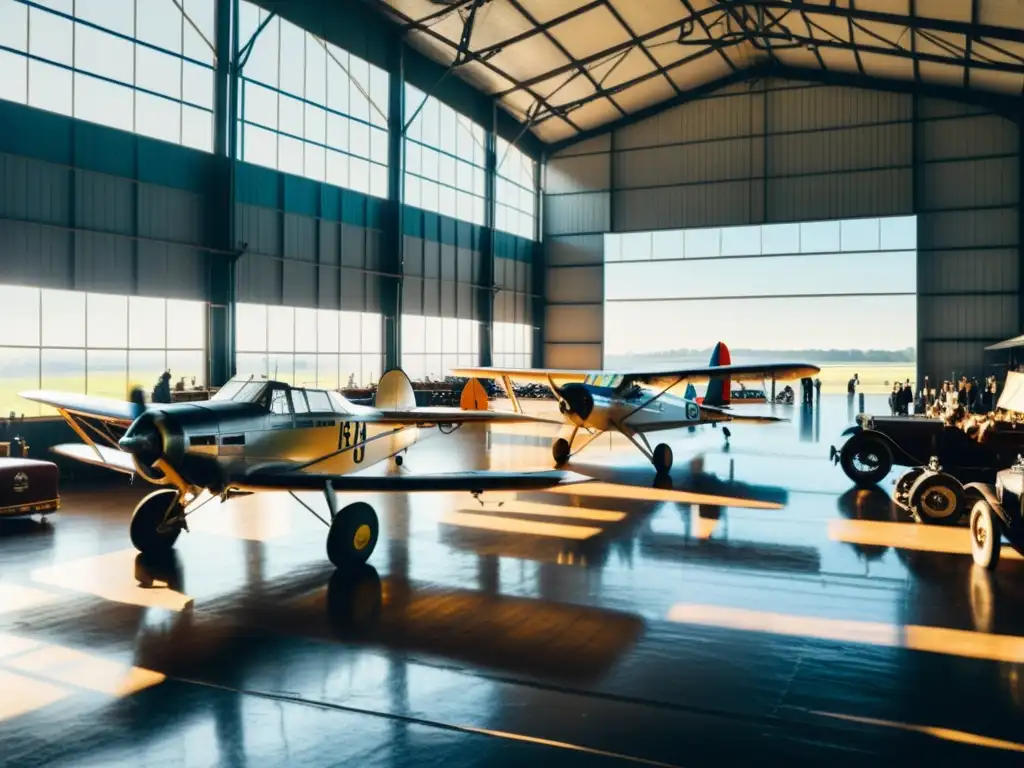 Imagen en blanco y negro de un bullicioso hangar de aeropuerto del siglo XX, con biplanos y mecánicos trabajando en aviones