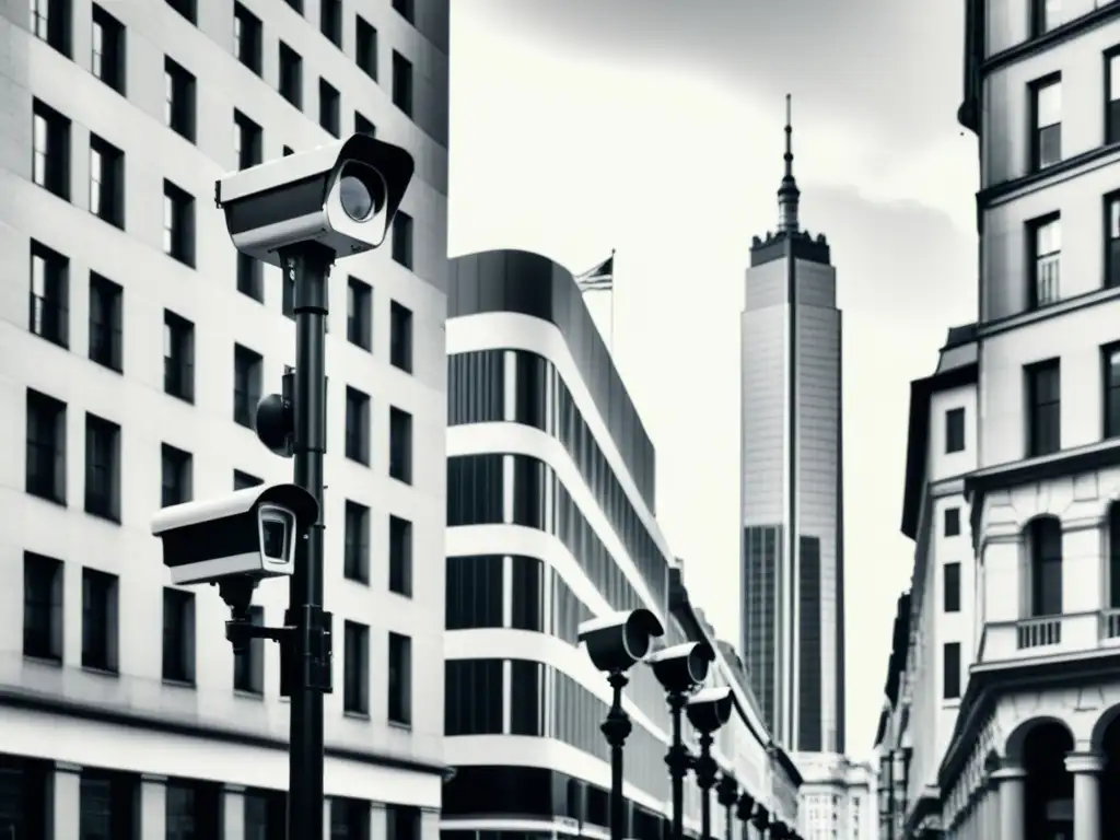 Una imagen en blanco y negro de una calle de la ciudad con edificios altos, farolas antiguas y cámaras de seguridad modernas