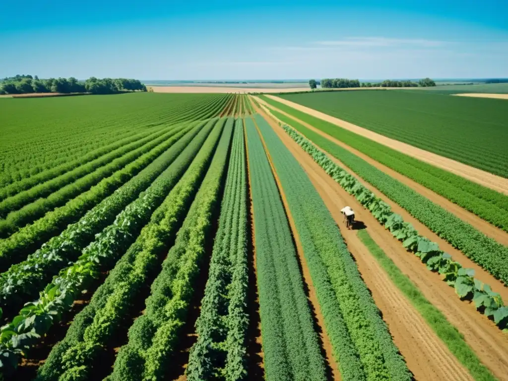 Imagen en blanco y negro de un campo agrícola exuberante con agricultores trabajando juntos en armonía con la naturaleza, capturando el impacto de la revolución verde en la agricultura