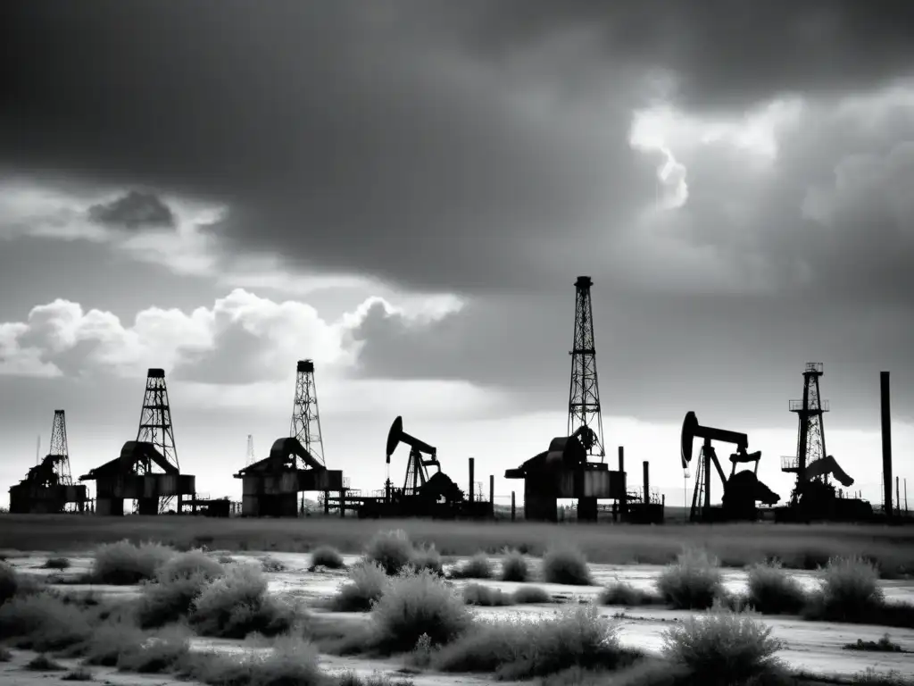 Imagen en blanco y negro de un campo petrolero abandonado y cubierto de maleza, con la silueta de torres de extracción oxidadas