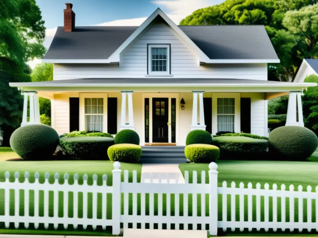 Imagen en blanco y negro de una casa suburbana clásica con jardín bien cuidado, valla de piquete y porche con mecedora