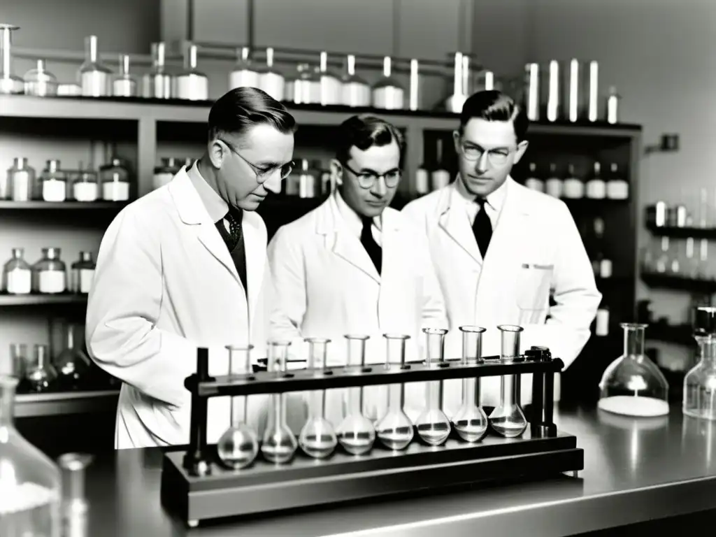 Imagen en blanco y negro de los científicos Banting y Best en su laboratorio, trabajando en la extracción de insulina