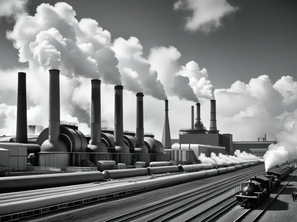 Imagen en blanco y negro de un complejo industrial con imponentes turbinas de vapor en primer plano, emanando nubes de vapor