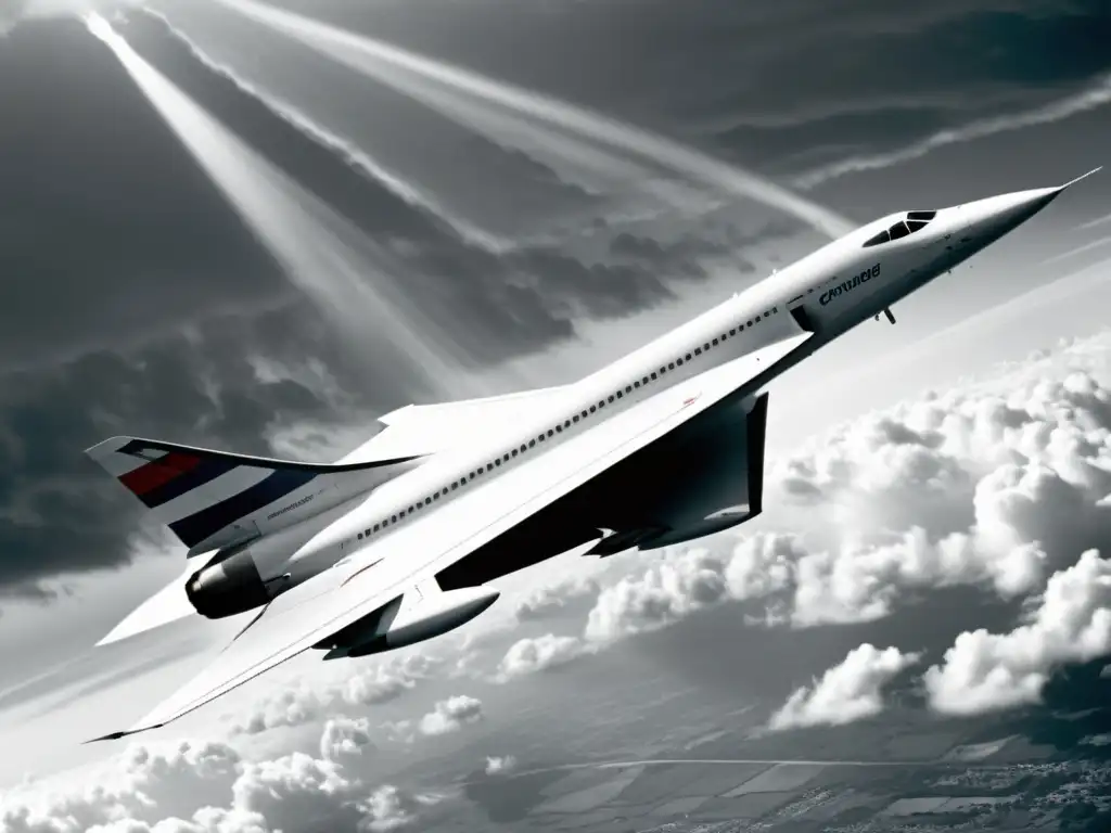 Imagen en blanco y negro del Concorde en vuelo, mostrando su elegante diseño aerodinámico con las icónicas alas delta y su distintiva nariz puntiaguda