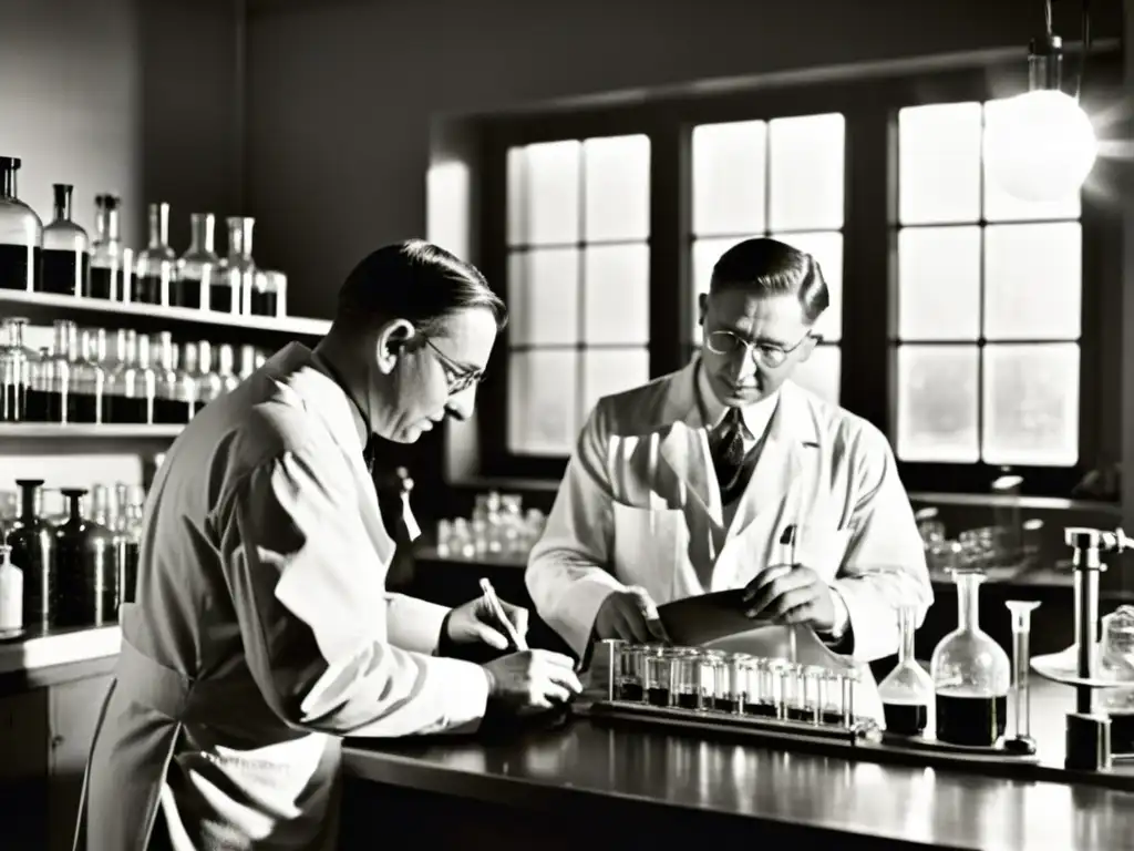 Imagen en blanco y negro de los doctores Banting y Best en su laboratorio, realizando experimentos con vials y equipo de laboratorio