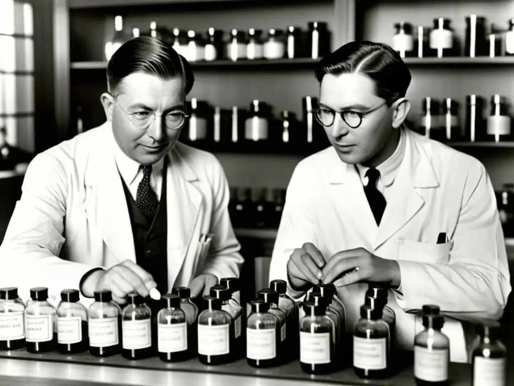 Imagen en blanco y negro de los doctores Banting y Best en su laboratorio, simbolizando la historia de la insulina en diabetes