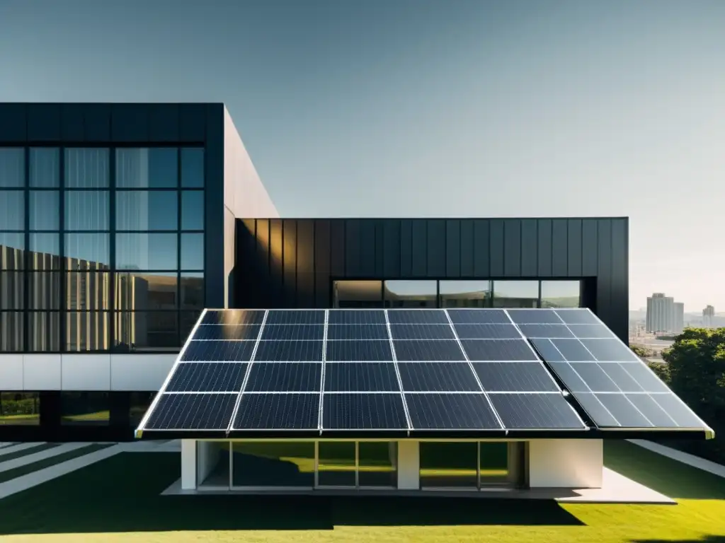 Imagen en blanco y negro de un edificio moderno con paneles solares, resaltando la importancia de la energía solar pasiva en la arquitectura urbana