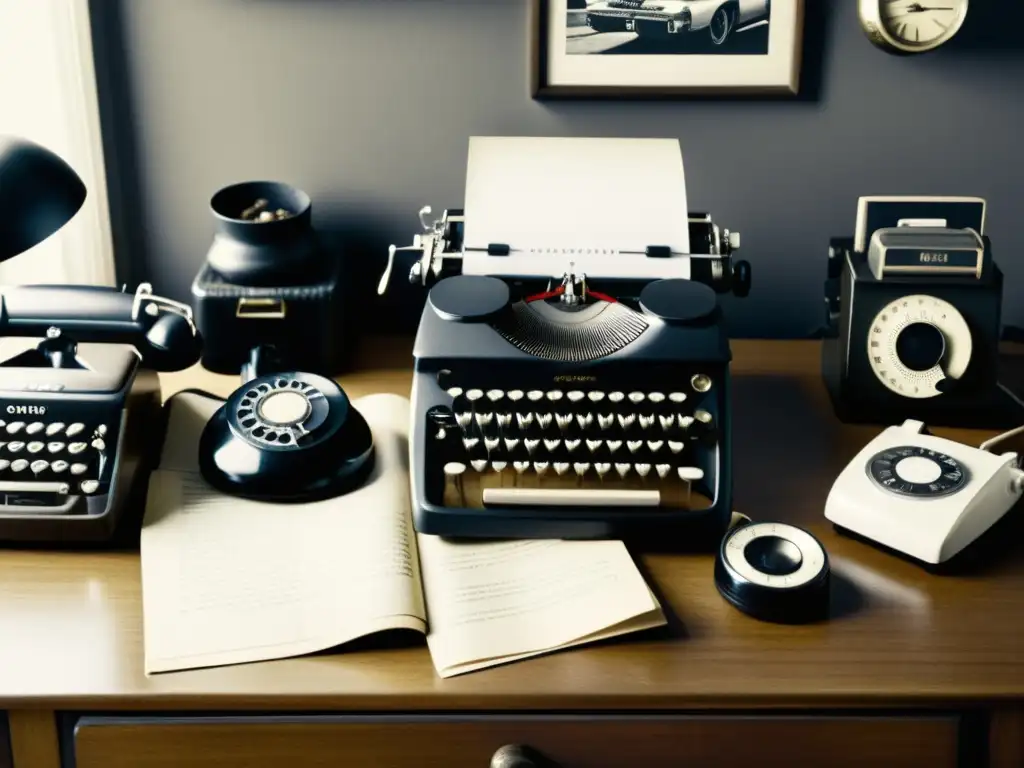 Una imagen en blanco y negro de un escritorio desordenado con una máquina de escribir, teléfono rotativo y radio