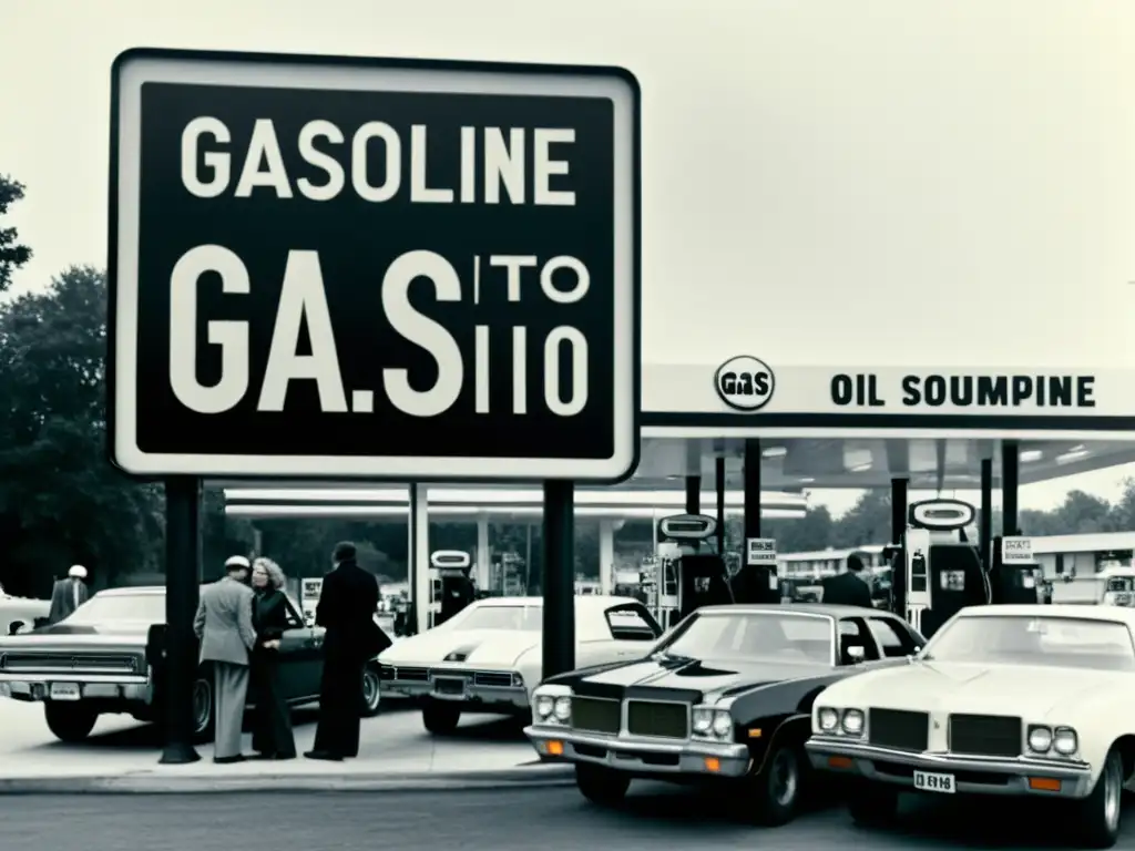 Imagen en blanco y negro de una estación de gasolina durante la crisis del petróleo de los años 70, con largas filas de autos esperando