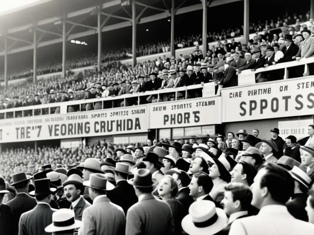Imagen en blanco y negro de un estadio deportivo de la década de 1900, evocando la evolución de la comunicación en deportes