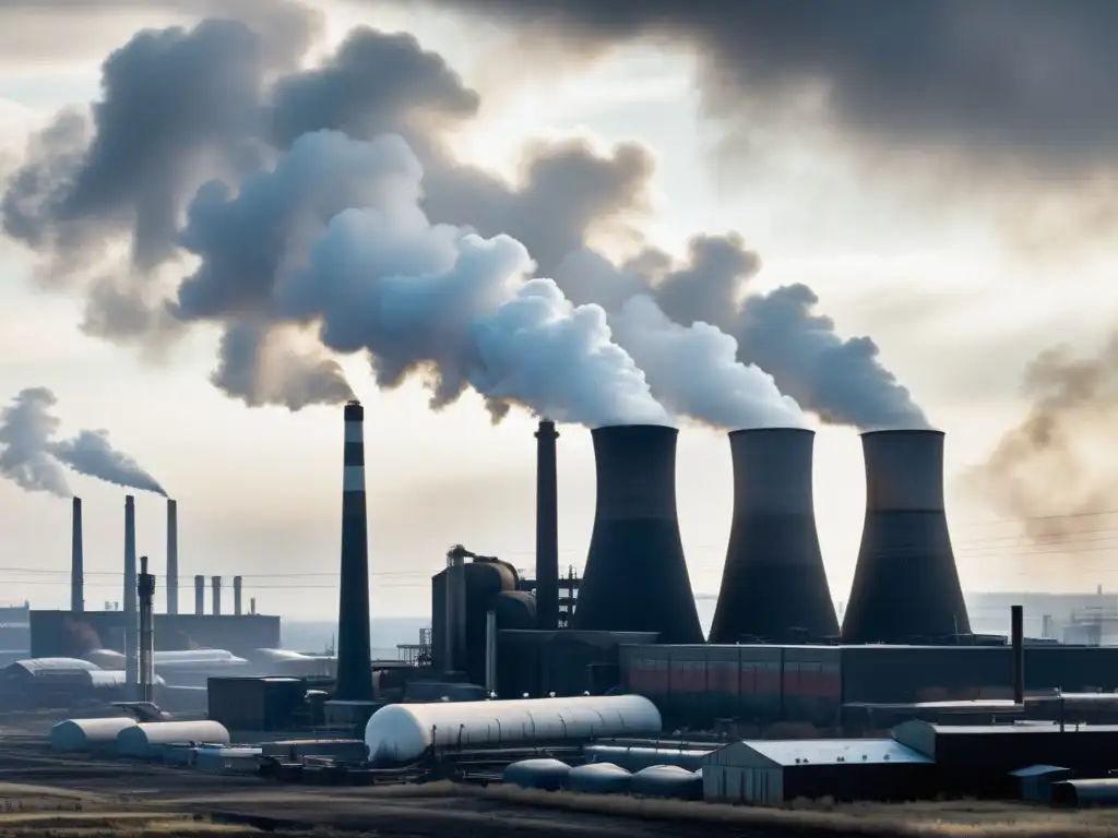 Una imagen en blanco y negro muestra una fábrica con chimeneas humeantes, emitiendo contaminación durante la Revolución Industrial