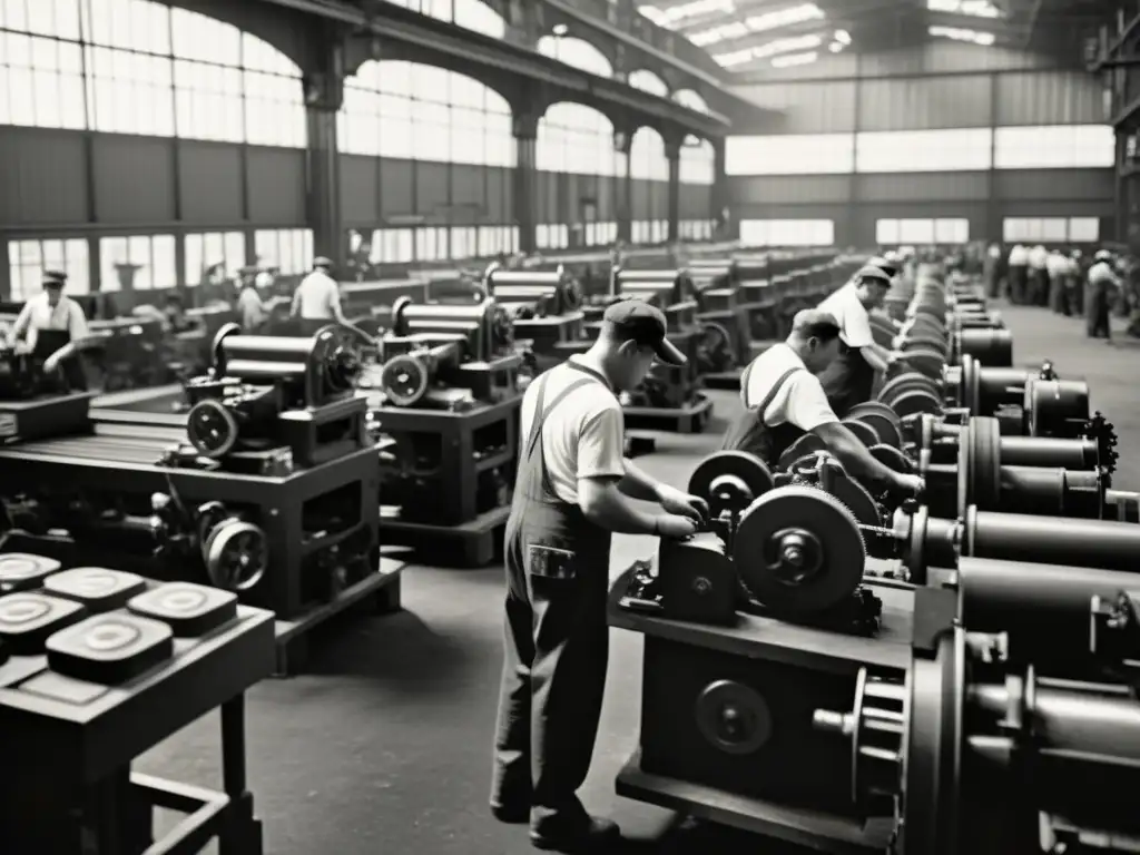 Imagen en blanco y negro de una fábrica antigua llena de trabajadores y maquinaria, destacando la importancia de la estandarización en la producción