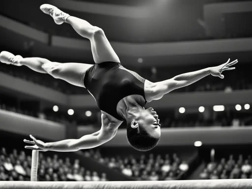 Imagen en blanco y negro de un gimnasta ejecutando un poderoso salto de potro