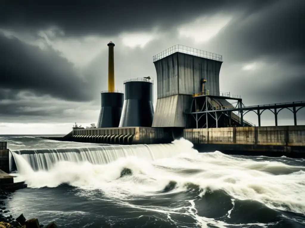 Imagen en blanco y negro de una histórica planta mareomotriz con imponentes turbinas y agua revuelta, bajo un cielo dramático