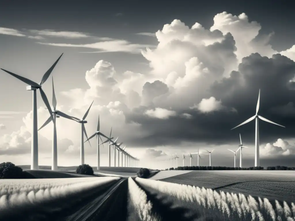 Imponentes aerogeneradores en un paisaje atemporal Imagen en blanco y negro de impacto histórico: turbinas eólicas generando energía limpia en un vasto paisaje