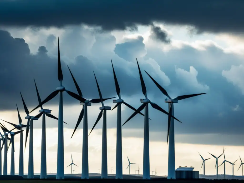 La majestuosidad del pasado: Parque eólico vintage Imagen en blanco y negro de impacto histórico: turbinas eólicas generando energía limpia bajo un cielo dramático