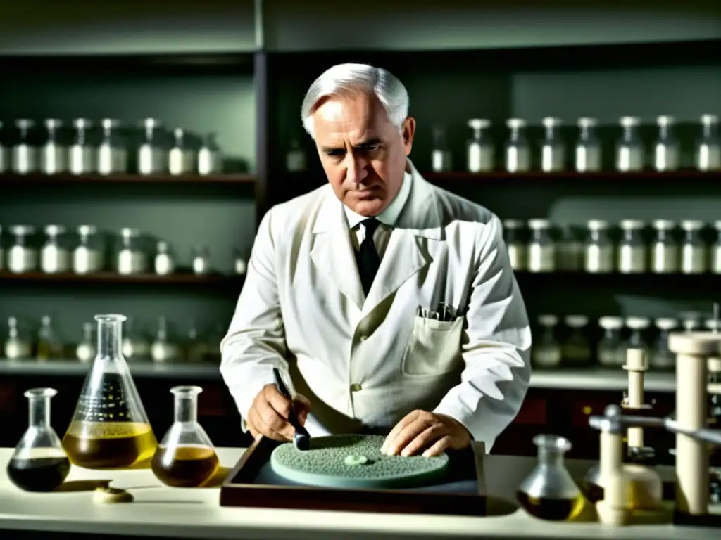 Imagen en blanco y negro de Alexander Fleming en su laboratorio, descubriendo la penicilina