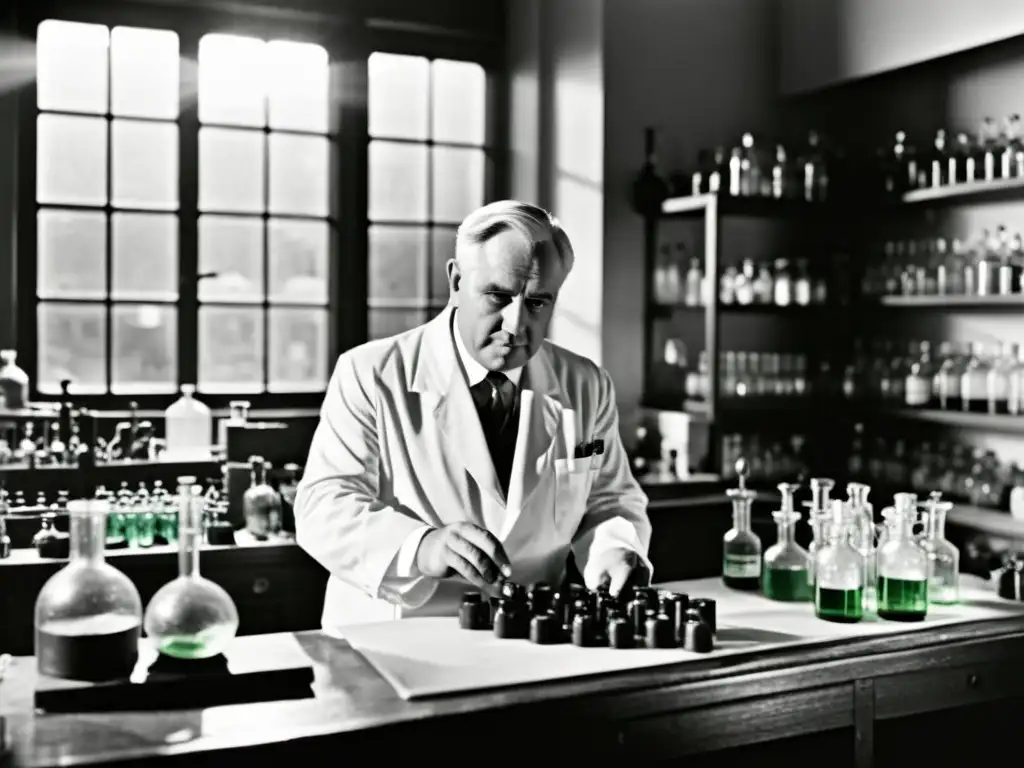 Imagen en blanco y negro de Alexander Fleming en su laboratorio, examinando una placa de petri con moho