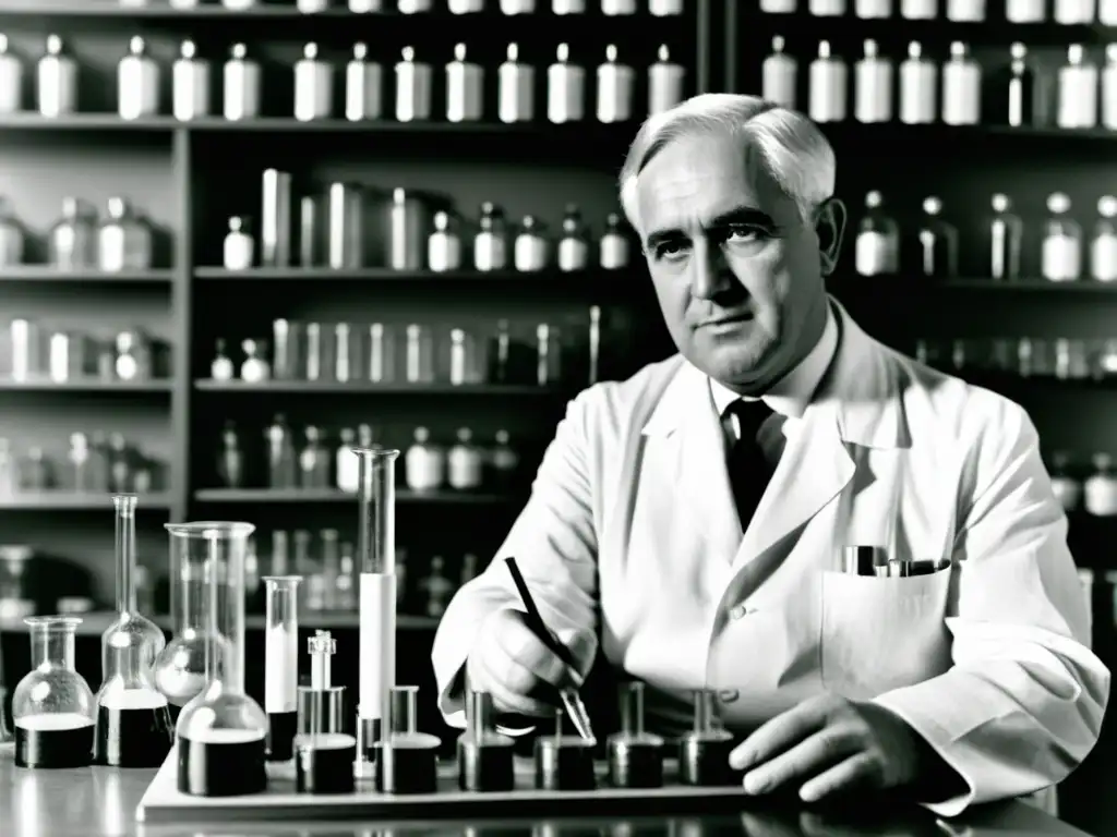 Imagen en blanco y negro de Alexander Fleming en su laboratorio, observando una placa de Petri con moho, representando el impacto mundial de la penicilina en la historia de la medicina