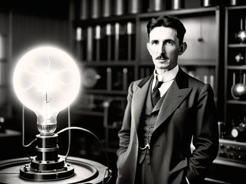 Imagen en blanco y negro de Nikola Tesla en su laboratorio, rodeado de equipos eléctricos