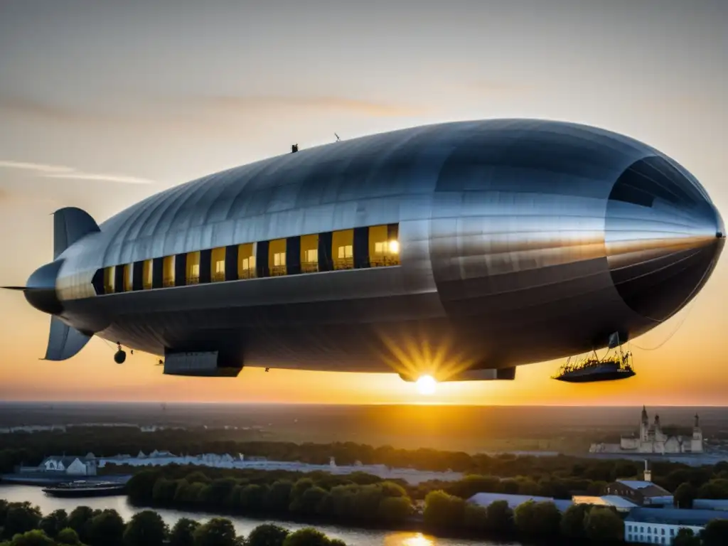 Imagen en blanco y negro de un majestuoso zeppelín flotando en el cielo al atardecer, evocando la Tragedia de los Zeppelines