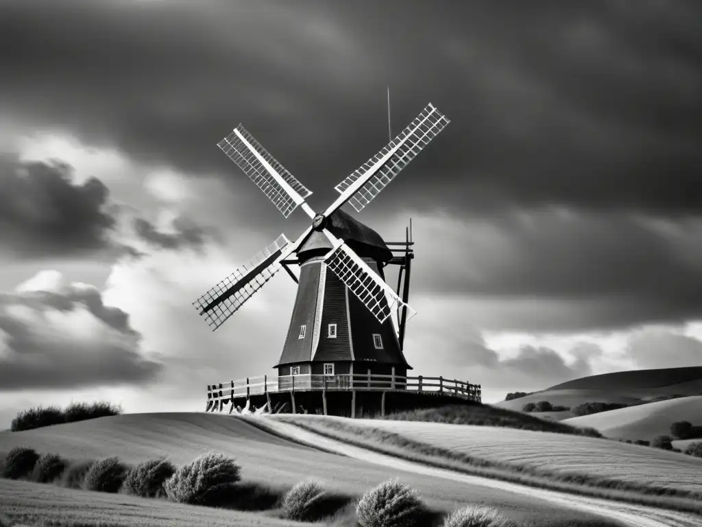 Imagen en blanco y negro de un molino de viento clásico, inmóvil bajo un cielo dramático