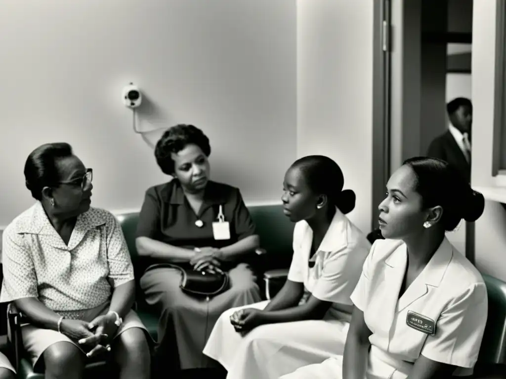 Imagen en blanco y negro de pacientes de diálisis en una sala de espera hospitalaria, transmitiendo determinación e historia de la máquina de diálisis