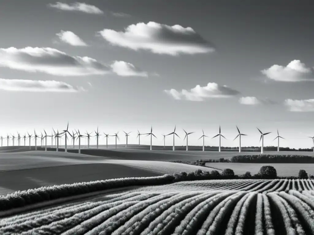 Horizonte histórico: molinos de viento en paisaje Imagen en blanco y negro de un paisaje con molinos de viento, mostrando el impacto histórico de las turbinas eólicas en la generación de energía limpia