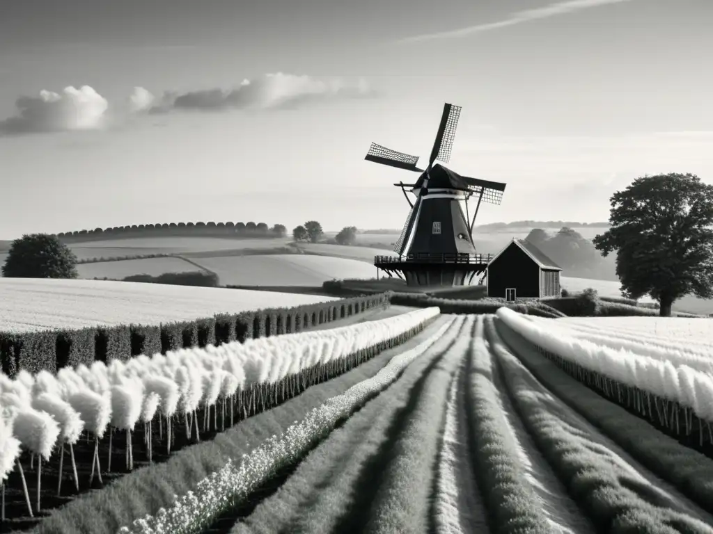 Imagen en blanco y negro de un paisaje campestre con un molino de viento tradicional en movimiento y una casa de campo tranquila a lo lejos