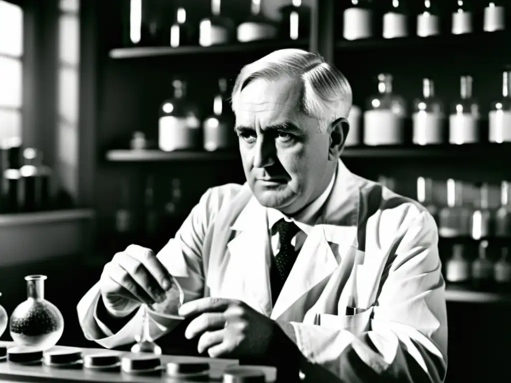 Imagen en blanco y negro de Alexander Fleming examinando la penicilina