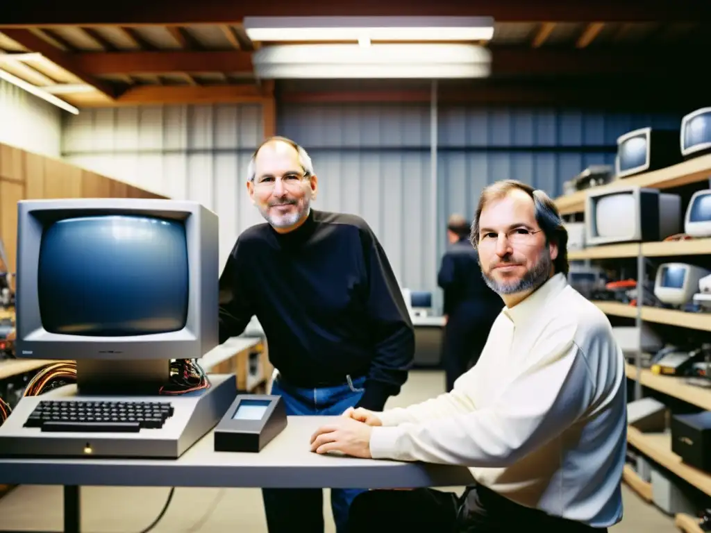 Imagen en blanco y negro de Steve Jobs y Steve Wozniak rodeados de prototipos de Apple, reflejando la innovación de Apple en la era del iPhone