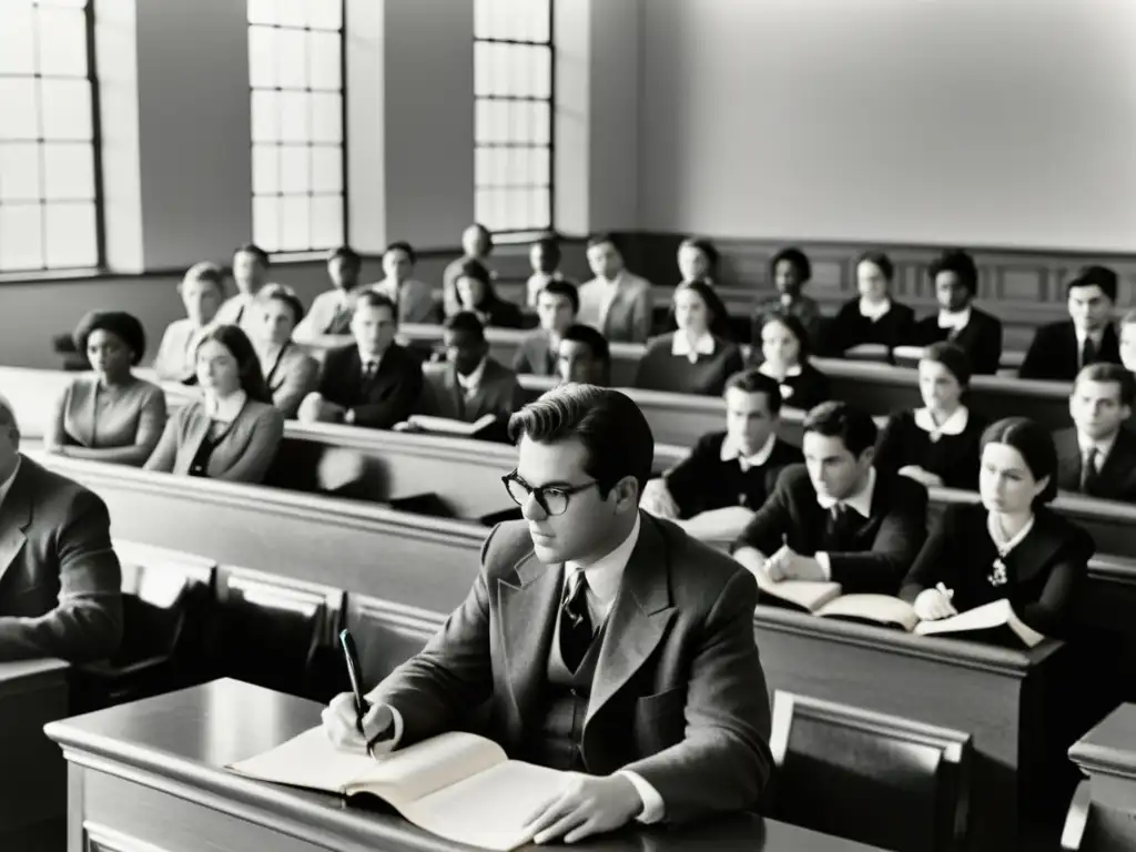 Una imagen en blanco y negro de una sala de conferencias llena de estudiantes escuchando atentamente al profesor en el frente